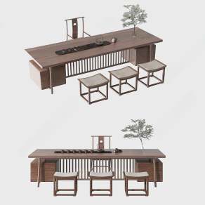 新中式茶桌椅3D模型下载